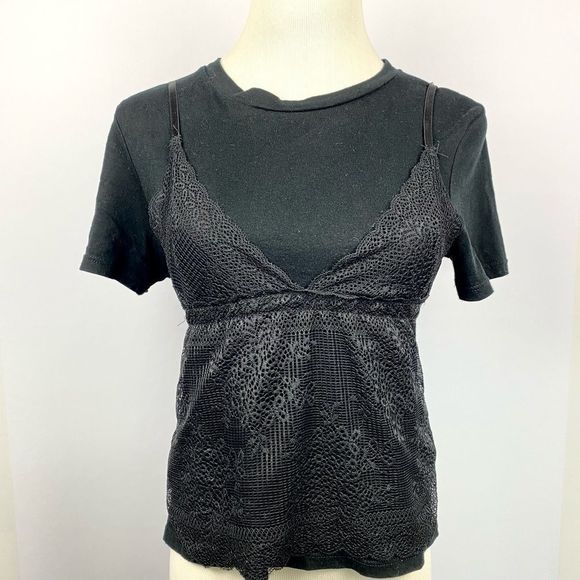 ZARA Black Short Tee w Lace Overlay Tank Top - Picture 8 of 10